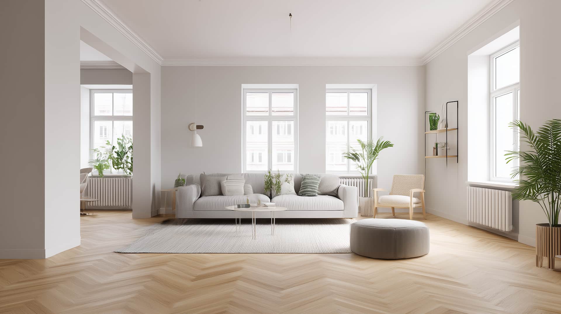 Remontoitu moderni huoneisto vaaleilla sävyillä ja puulattioilla