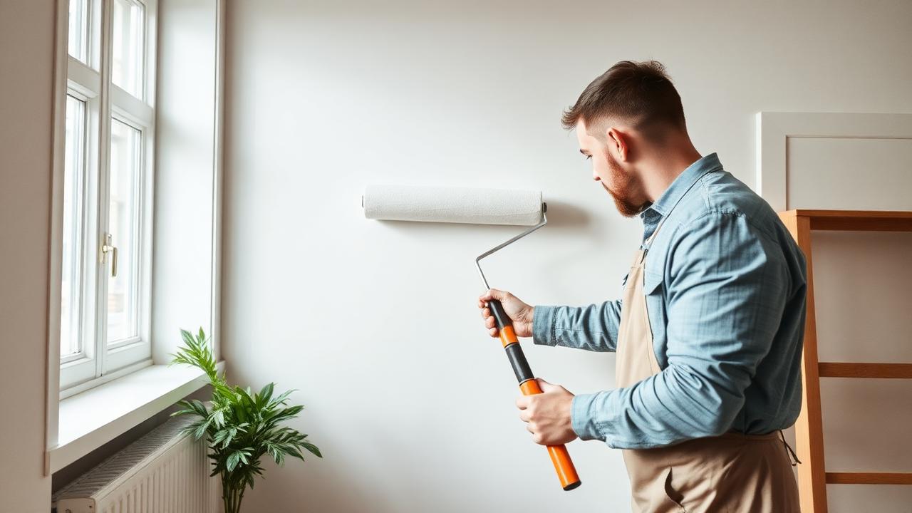 Seinien maalaus – ammattilainen maalaamassa sisäseinää telalla