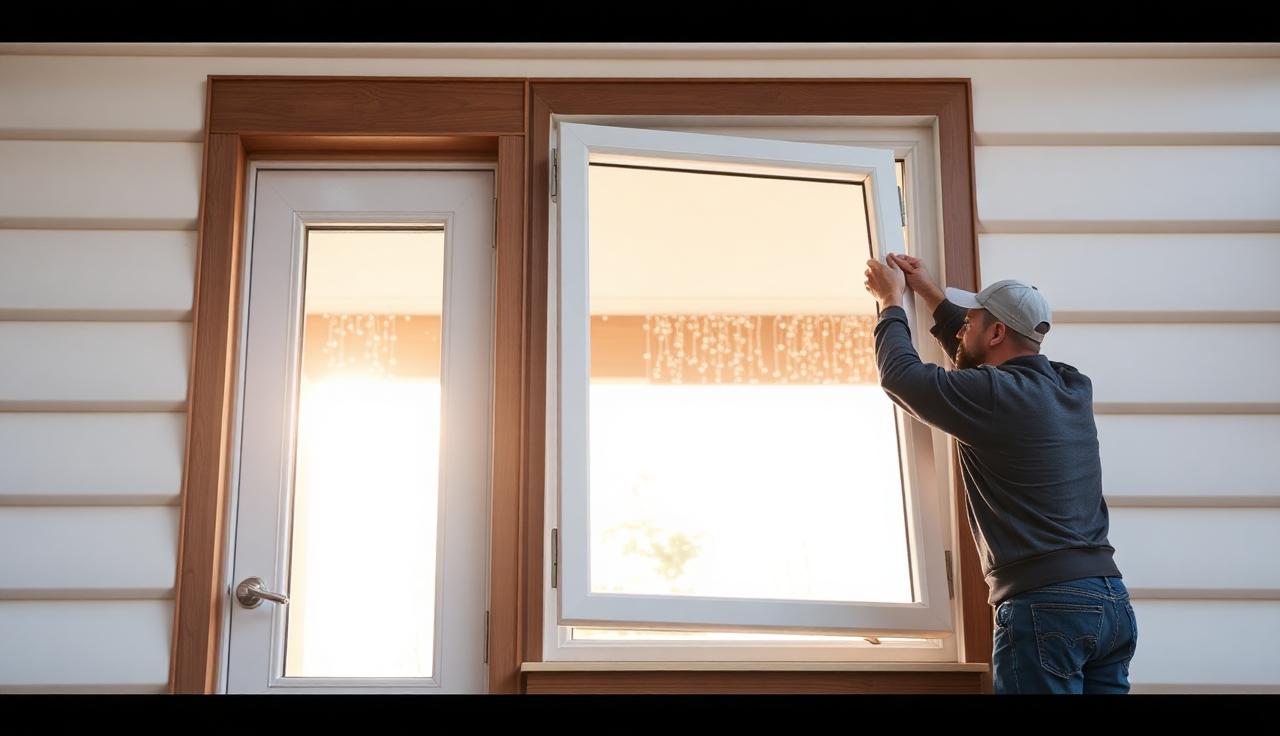 Ovien ja ikkunoiden vaihto – ammattilainen asentamassa uutta ikkunaa