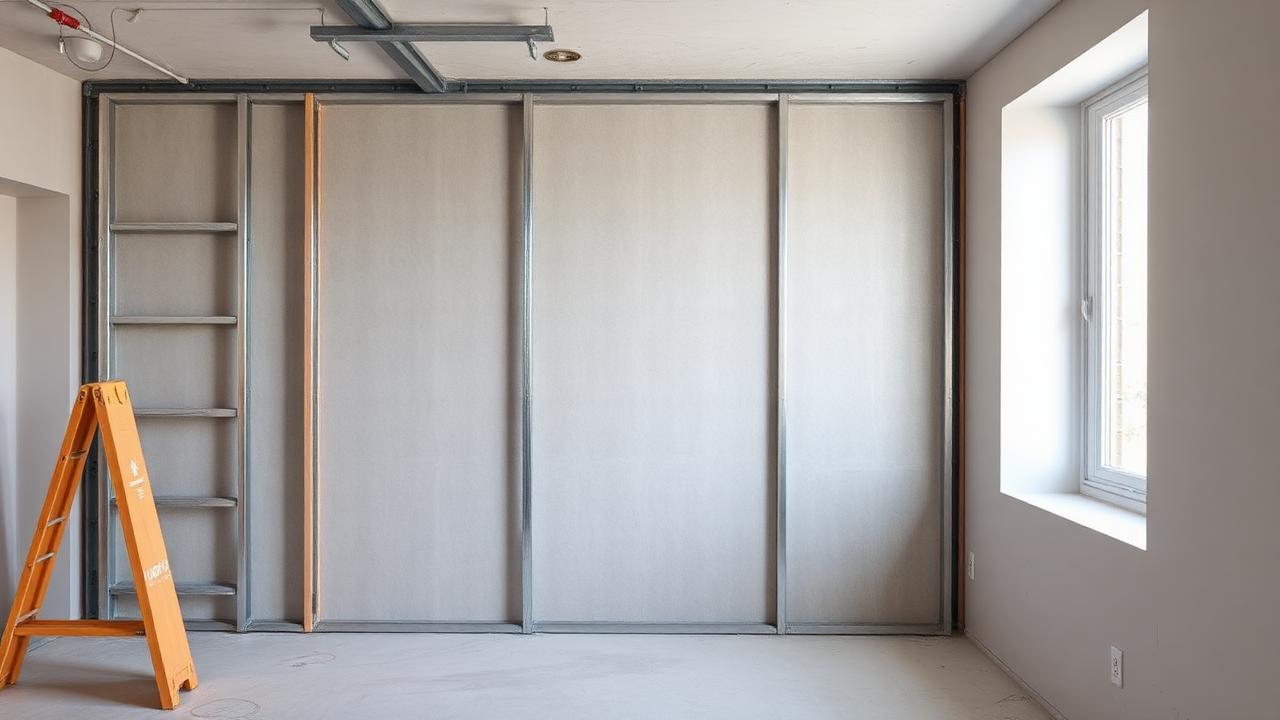 Väliseinätyön vaiheet 2026 – ammattilainen rakentamassa kipsilevyseinää teräsrangasta