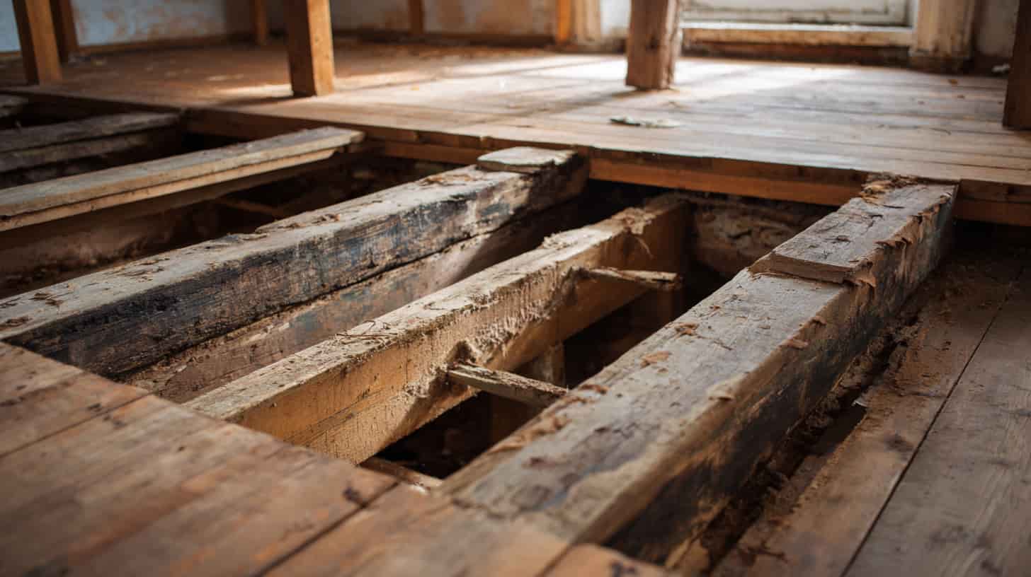 Vanhan talon lattiapalkit avattuina lattiaremonttia varten