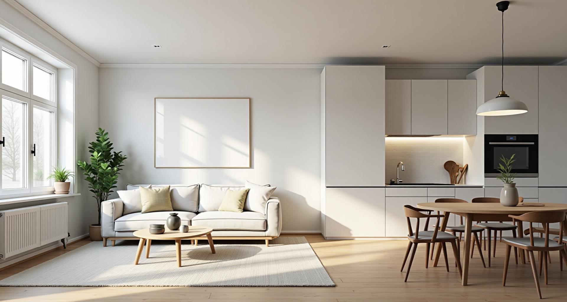 Remontoitu asunnon olohuone modernilla skandinaavisella sisustuksella