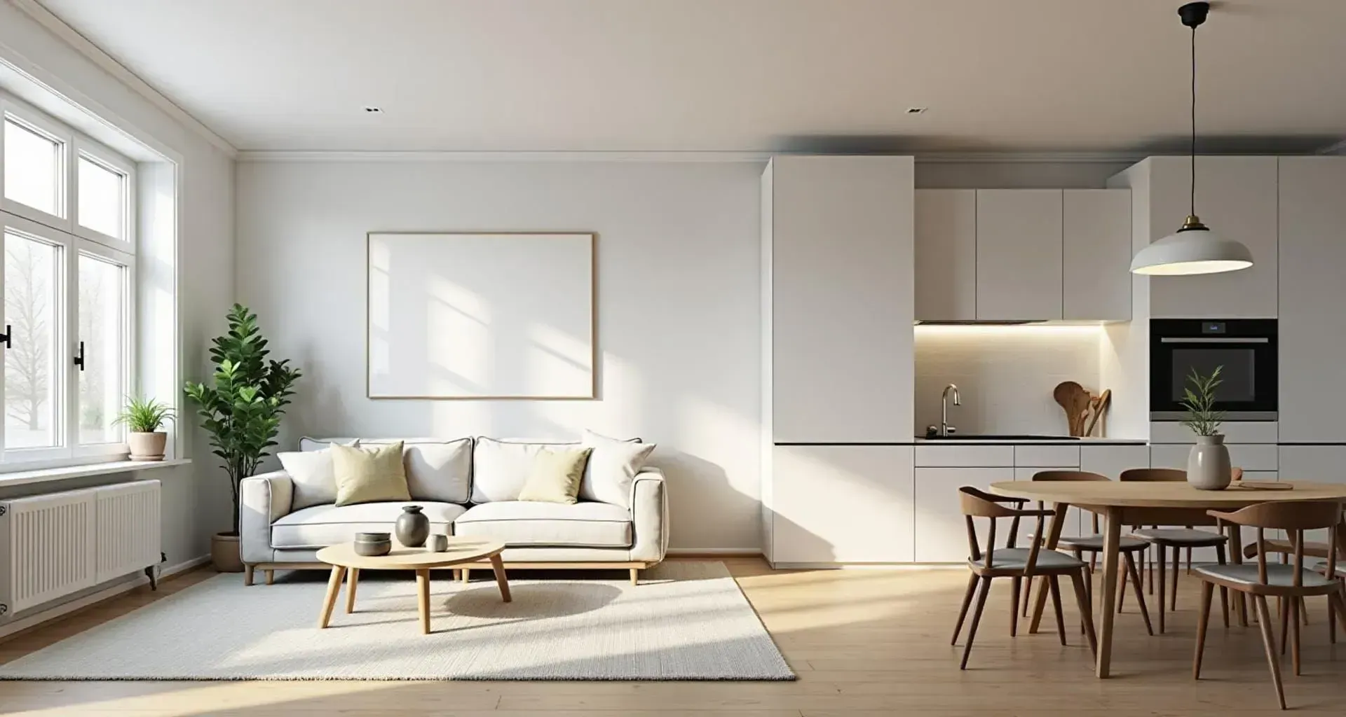 Renovated modern apartment with light tones and wooden floors