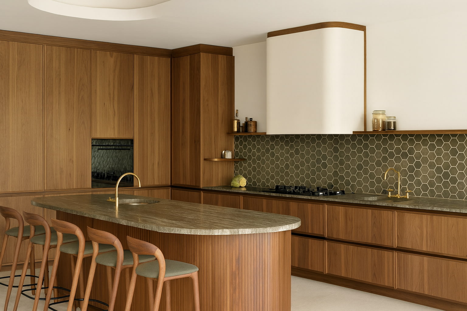 Moderni keittiö puupintaisilla kaapeilla, vihertävällä välitilalla ja saarekkeella – harmoninen kokonaisuus