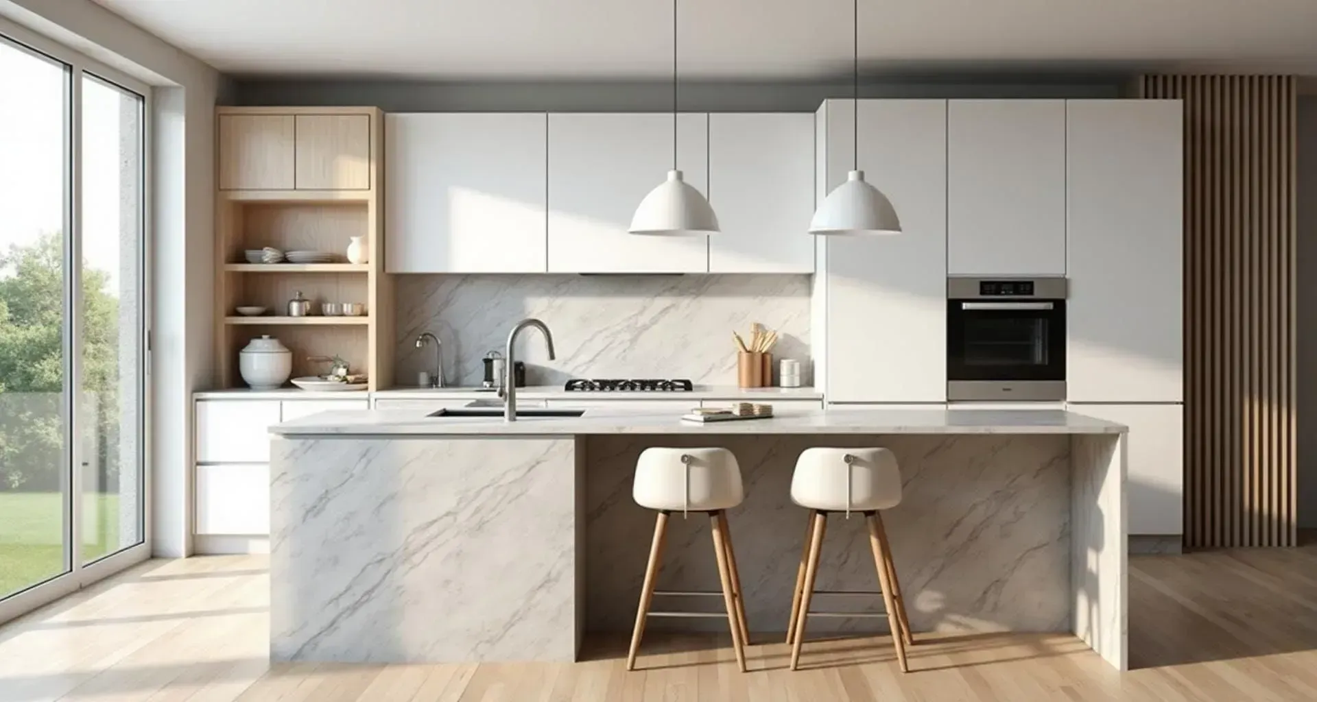 Moderni keittiö valkoisilla kaapeilla ja marmoripöydällä remontin jälkeen