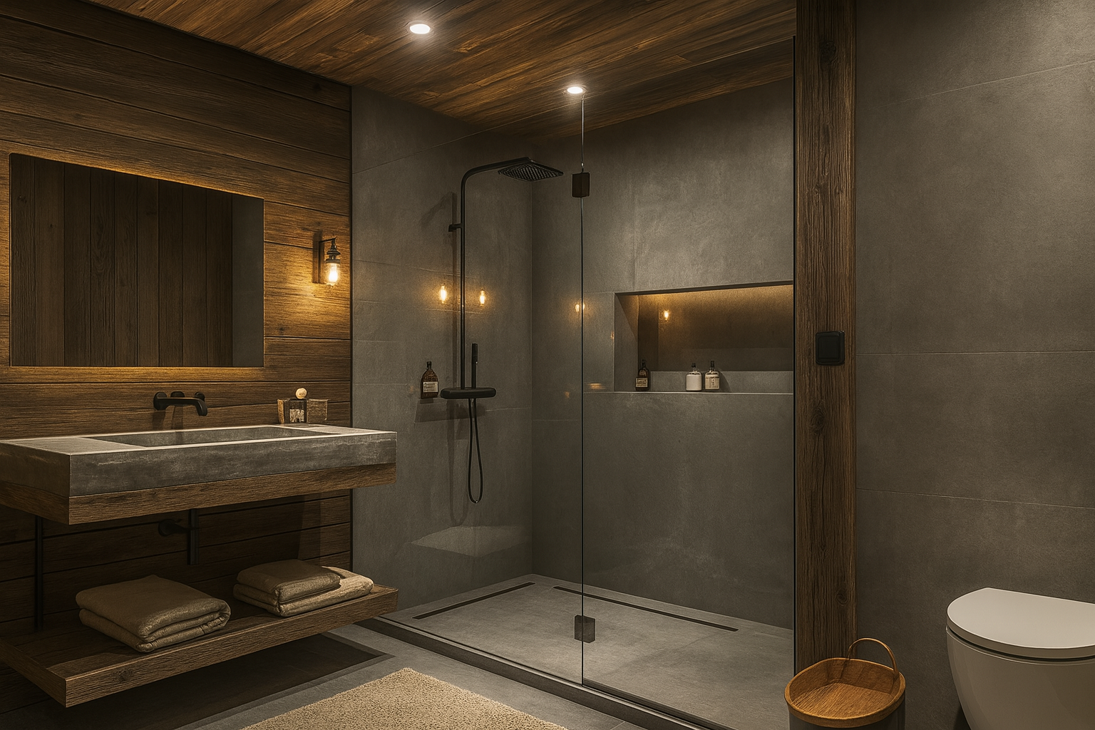 Tummasävyinen kylpyhuone, jossa puupaneeliseinät, betoniallas ja lasiseinäinen suihku
