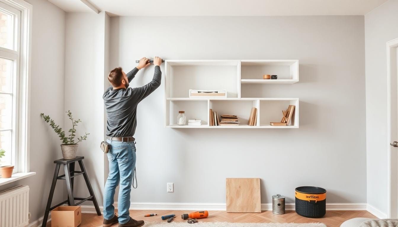 Pikkuremontit – ammattilainen asentamassa hyllyjä modernissa olohuoneessa