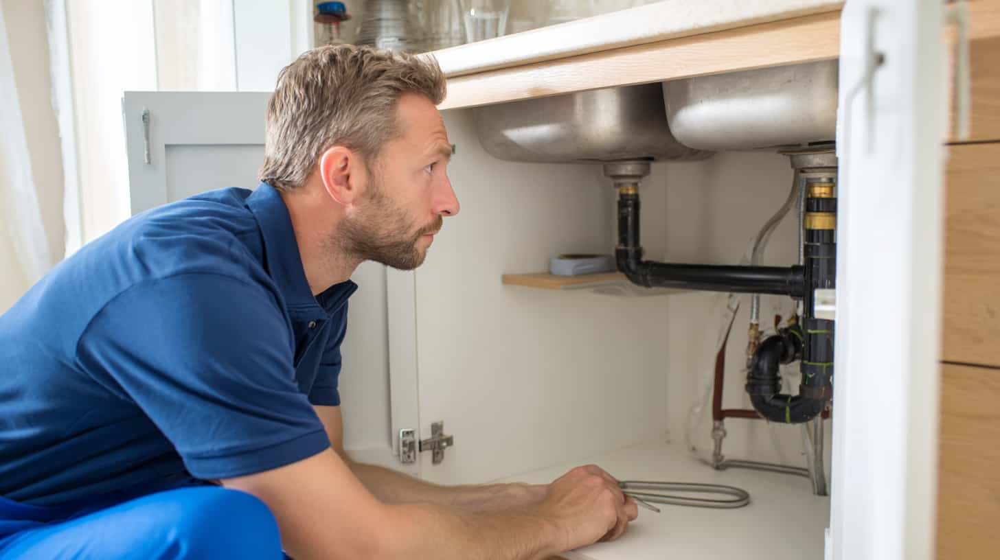 Vuototarkastus kotona – putkimies tarkastamassa allaskaapin putkia