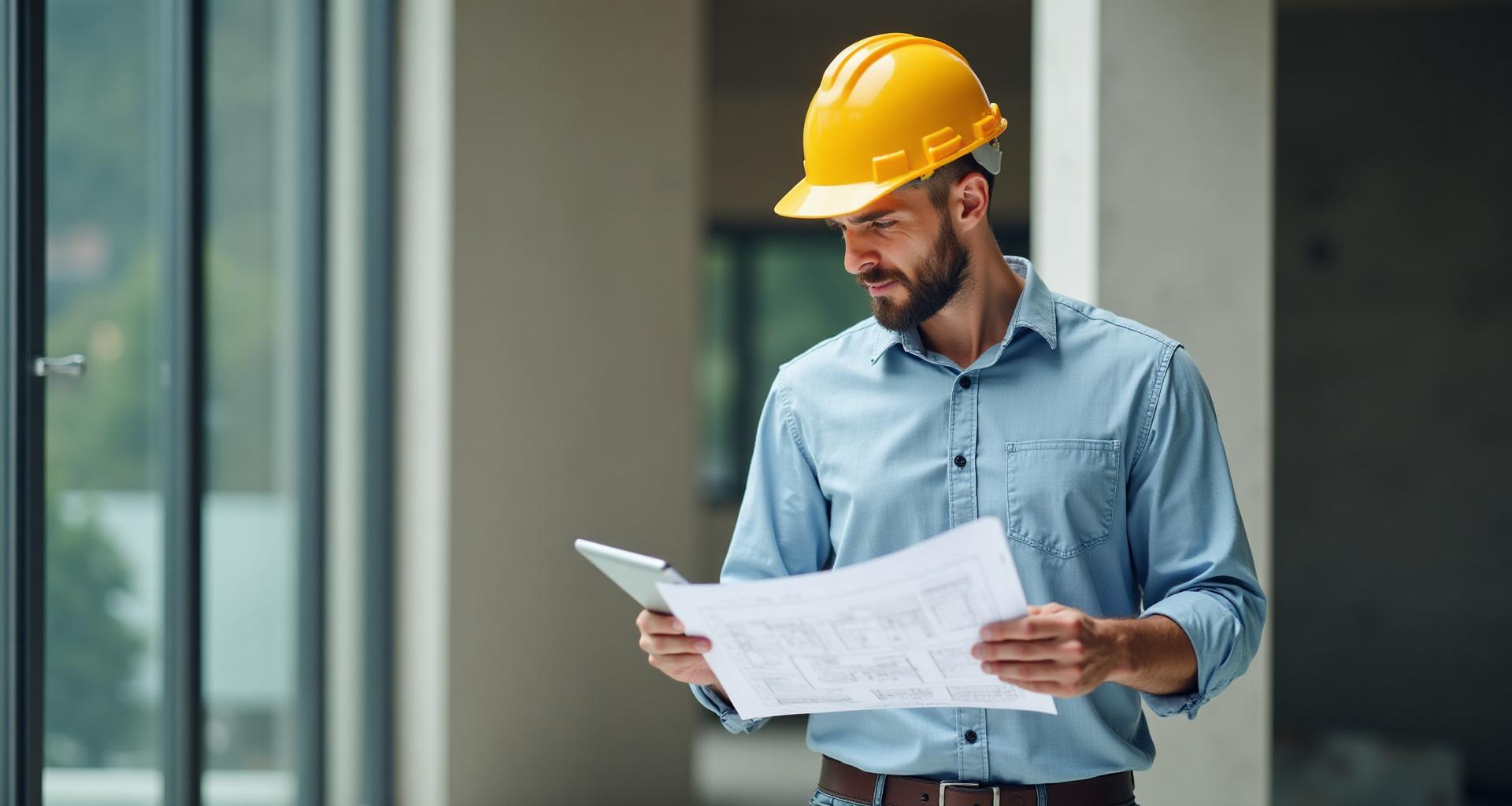 Ammattilainen rakennustyömaalla kypärä päässä tarkastamassa suunnitelmia