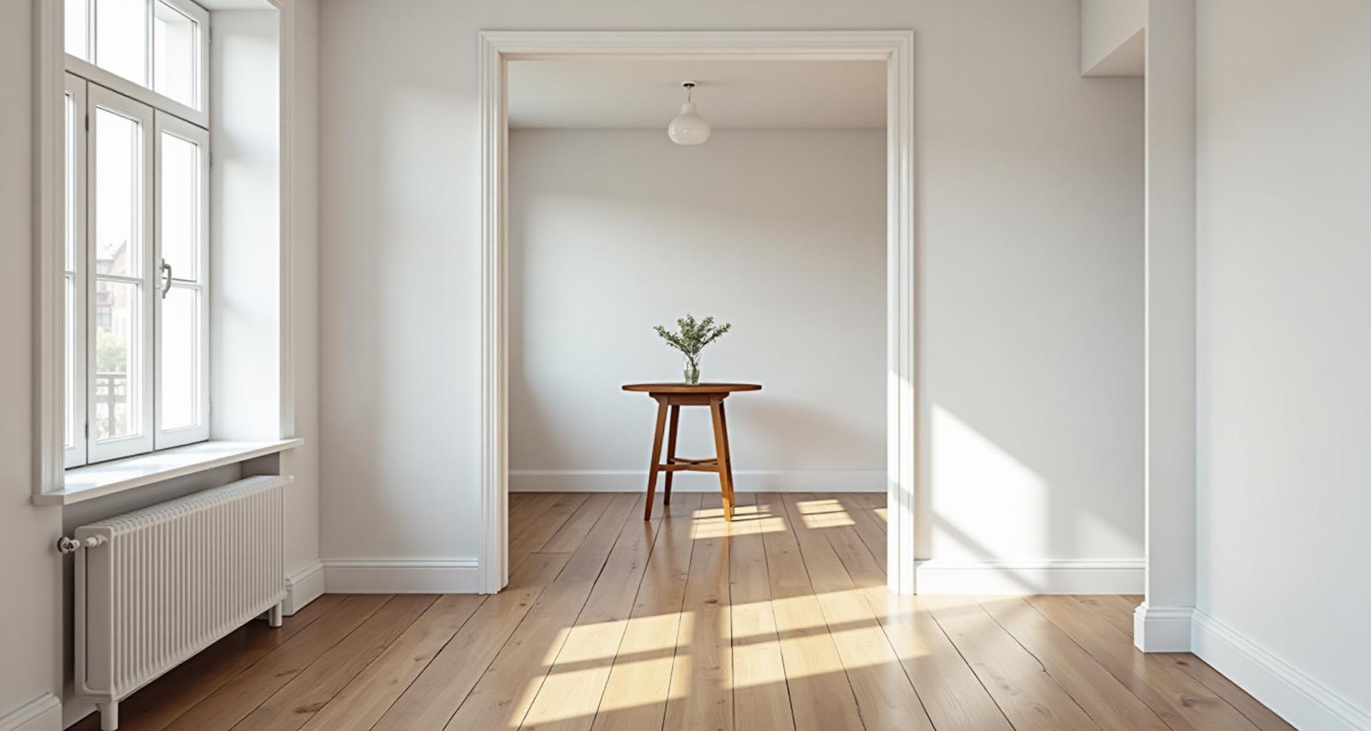 Remontoitu sisätila vaaleilla seinillä ja puulattioilla