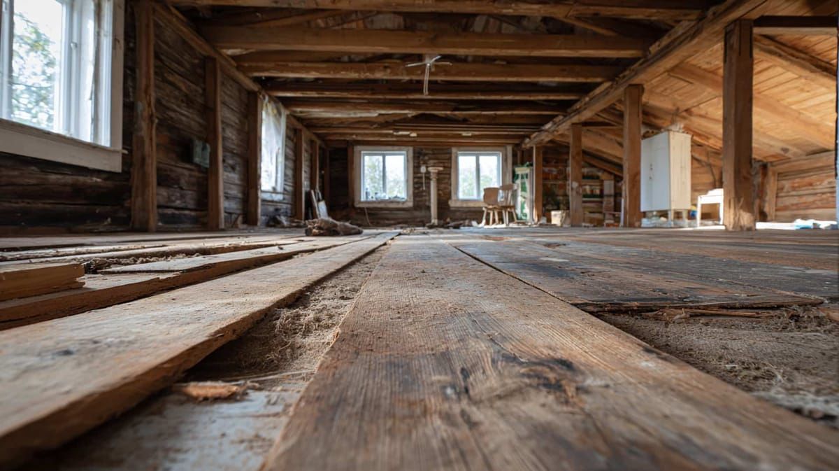 Vanhan omakotitalon lattiarakenteet näkyvillä – puiset lattiapalkit ullakkotilassa